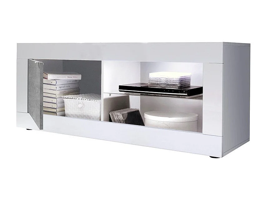 Meuble TV moderne blanc brillant gris ciment Milo