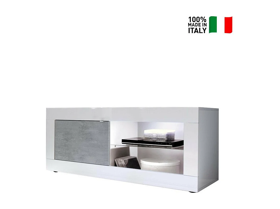 Meuble TV moderne blanc brillant gris ciment Milo