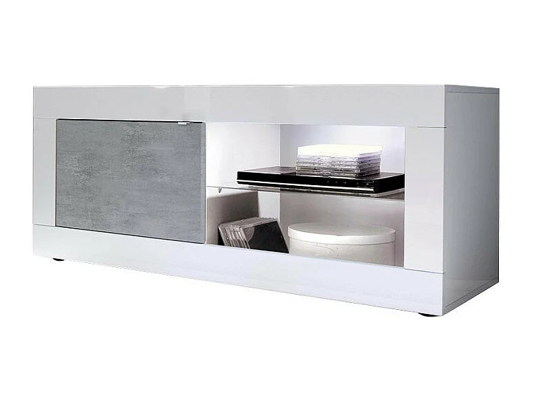 Meuble TV moderne blanc brillant gris ciment Milo