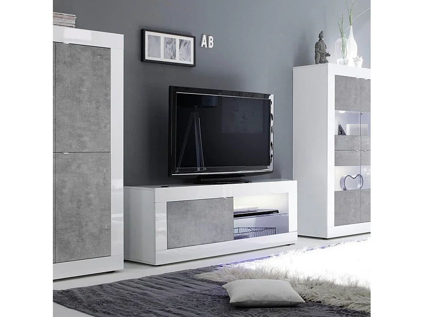 Meuble TV moderne blanc brillant gris ciment Milo