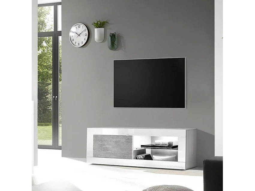 Meuble TV moderne blanc brillant gris ciment Milo