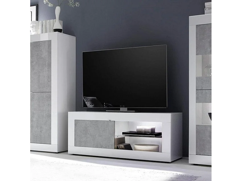 Meuble TV moderne blanc brillant gris ciment Milo
