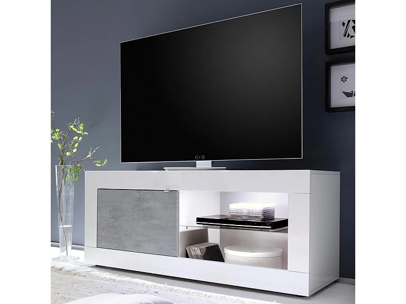 Moderner TV-Schrank in Weiß Hochglanz und Betongrau Diver BC Basic