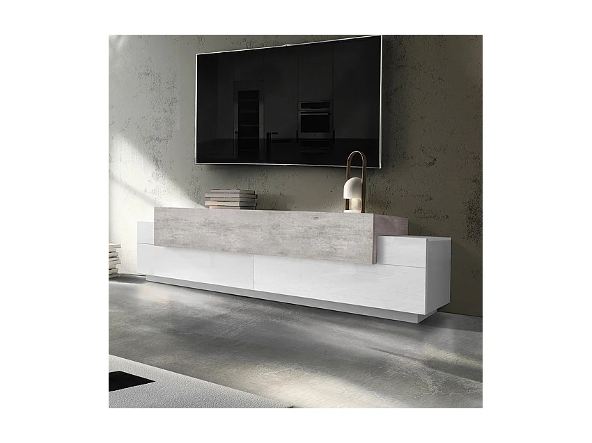 Meuble TV Design 3 portes Blanc Gris Ciment Cubo