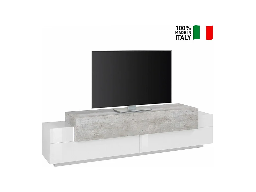 Meuble TV Design 3 portes Blanc Gris Ciment Cubo