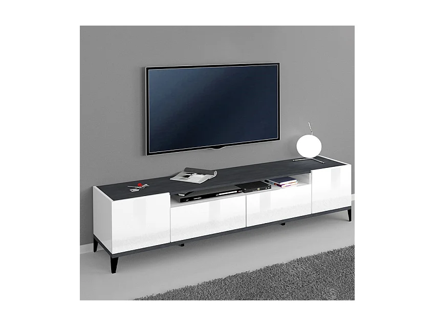 Mobile TV 200x40cm 2 Scomparti 2 Cassetti Bianco Lucido Riflesso