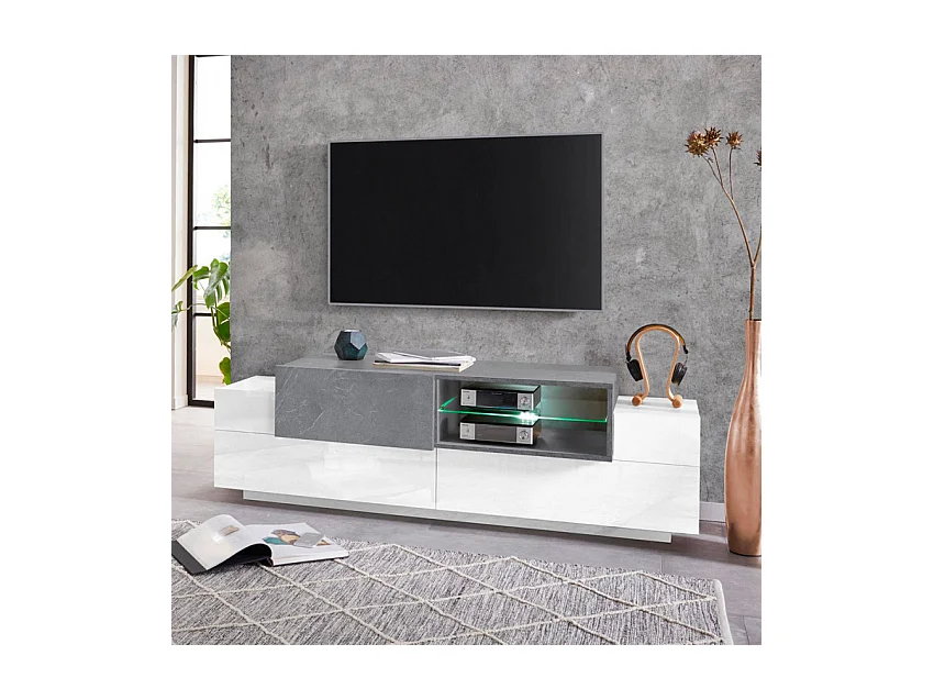 Meuble TV salon armoire tiroir blanc et ardoise Brera