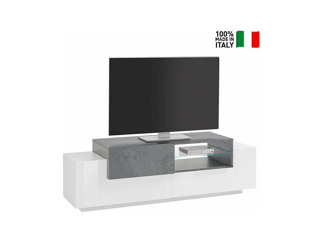 Meuble TV salon armoire tiroir blanc et ardoise Brera