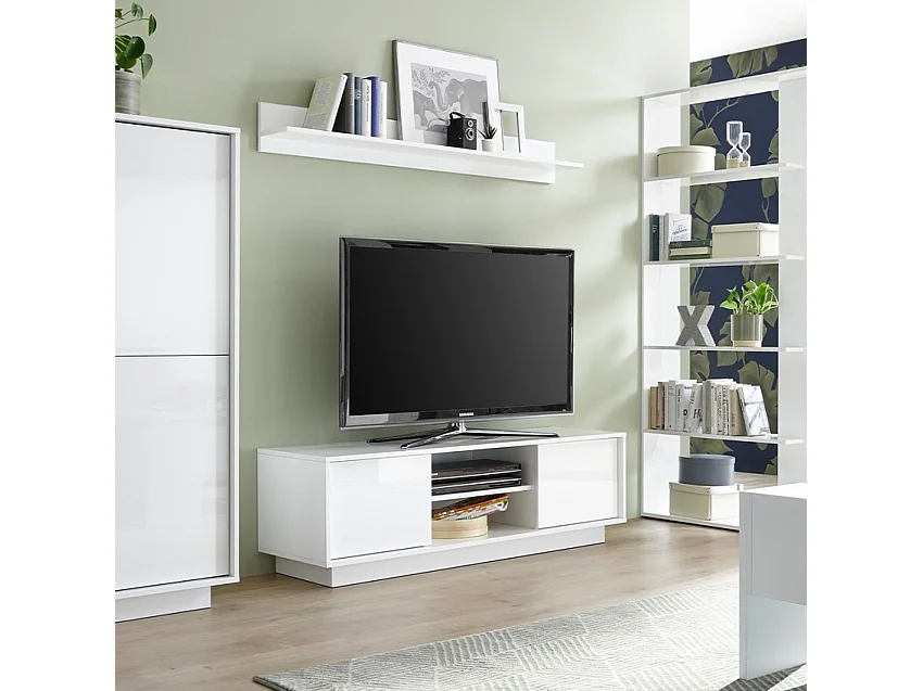 Mobile TV a rotelle moderno bianco laccato salotto 138cm 2 ante Cubic