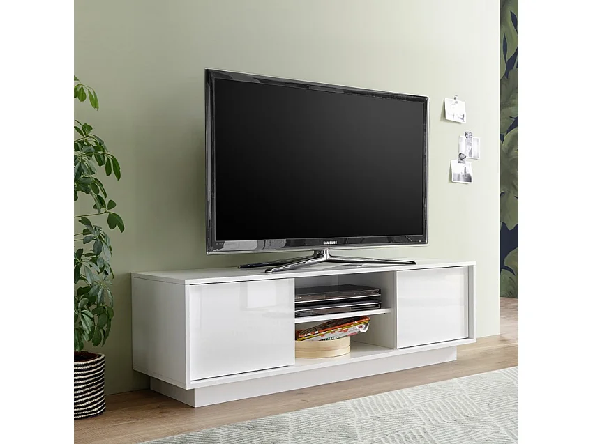 Mobile TV a rotelle moderno bianco laccato salotto 138cm 2 ante Cubic