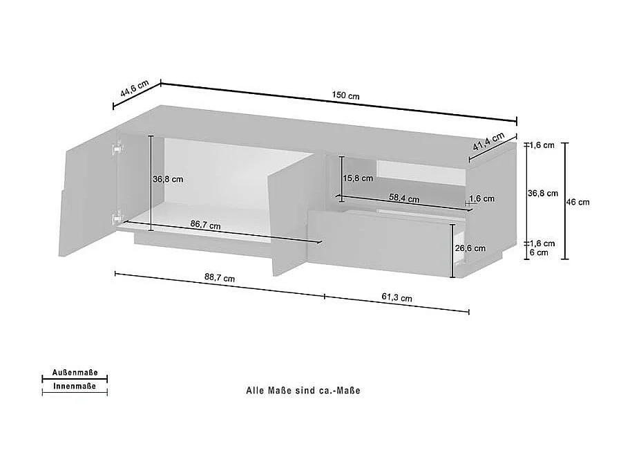 Meuble TV de salon moderne 2 portes 1 tiroir 150x44x46cm Trevis