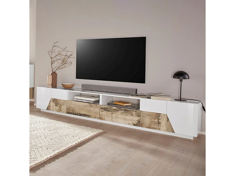Mobile TV salotto 260x43cm parete moderna legno bianco Scala