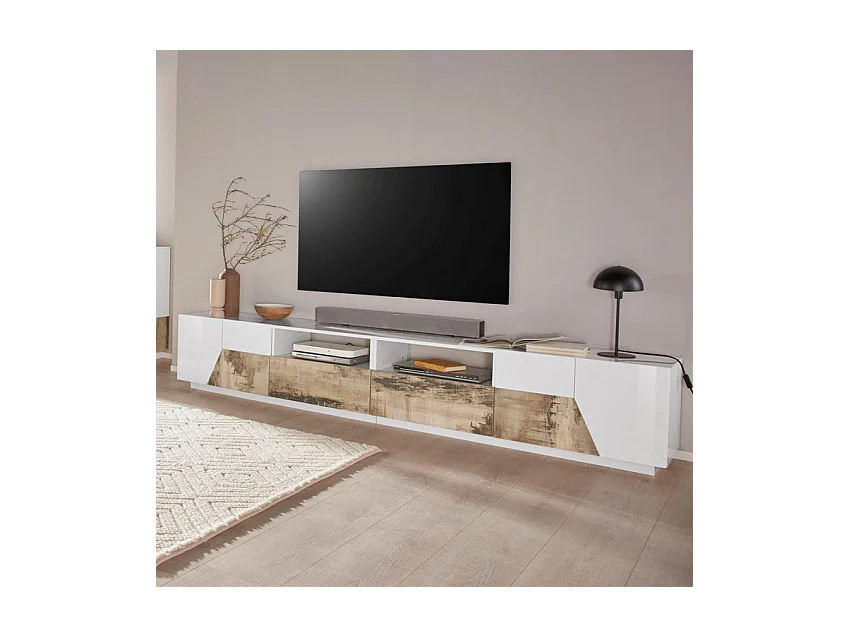 Mobile TV salotto 260x43cm parete moderna legno bianco Scala