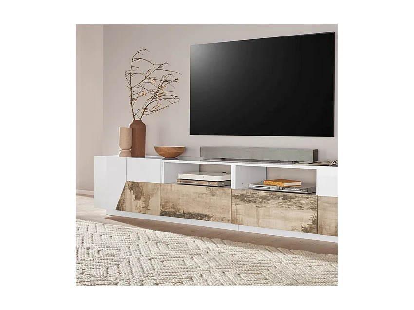 Mobile TV salotto 260x43cm parete moderna legno bianco Scala