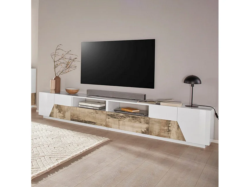 Mobile TV salotto 260x43cm parete moderna legno bianco Scala