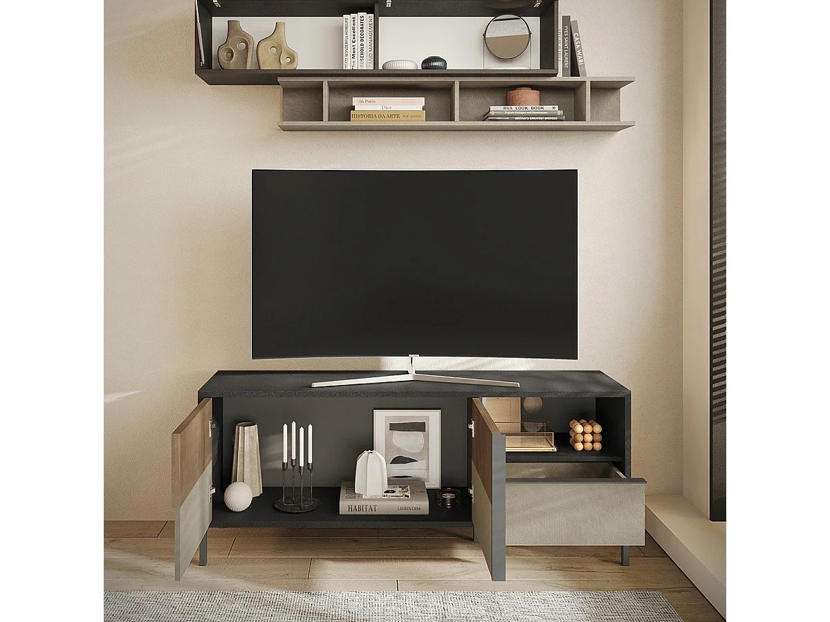 Pequeño mueble TV 2 puertas, 1 cajón y 1 nicho L156 cm - EVEREST