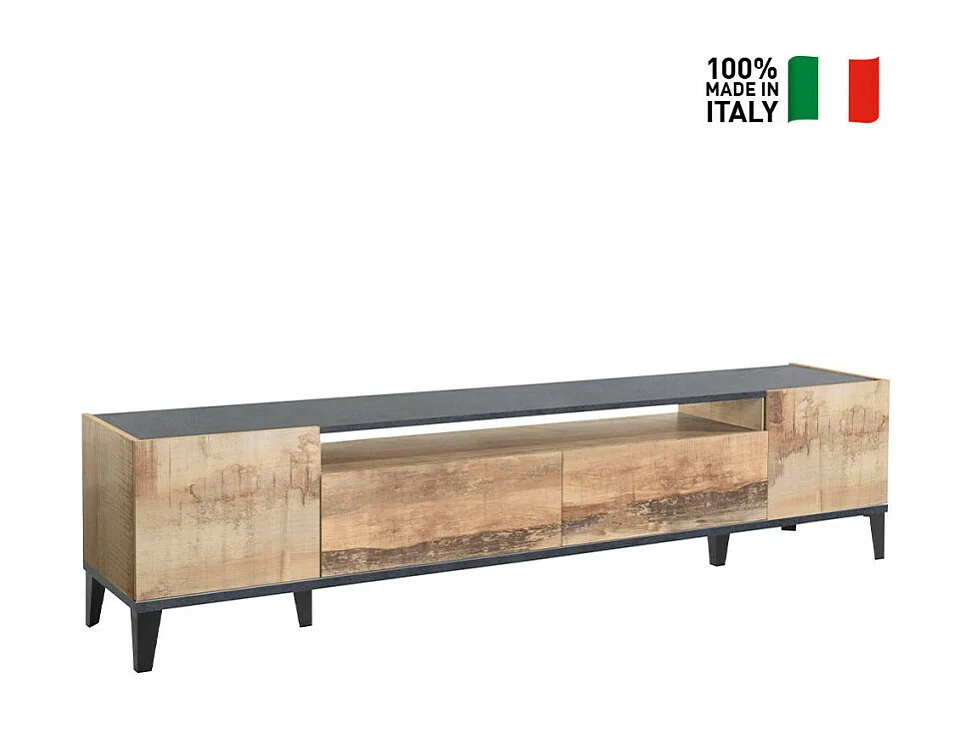 Meuble TV 200x40 cm 2 portes 2 tiroirs bois ardoise Noix