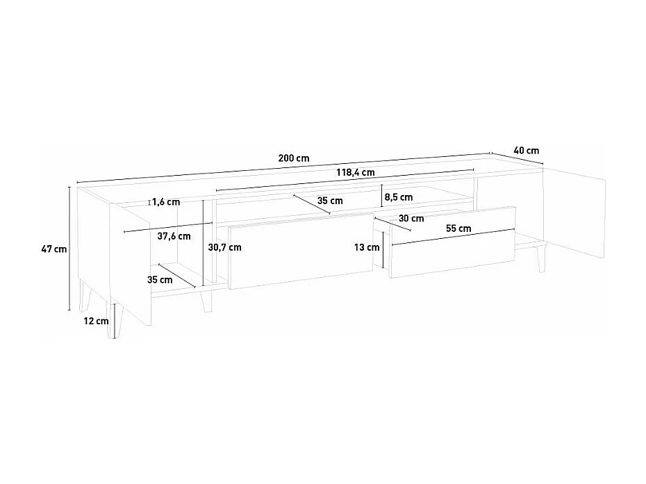 Meuble TV 200x40 cm 2 portes 2 tiroirs bois ardoise Noix