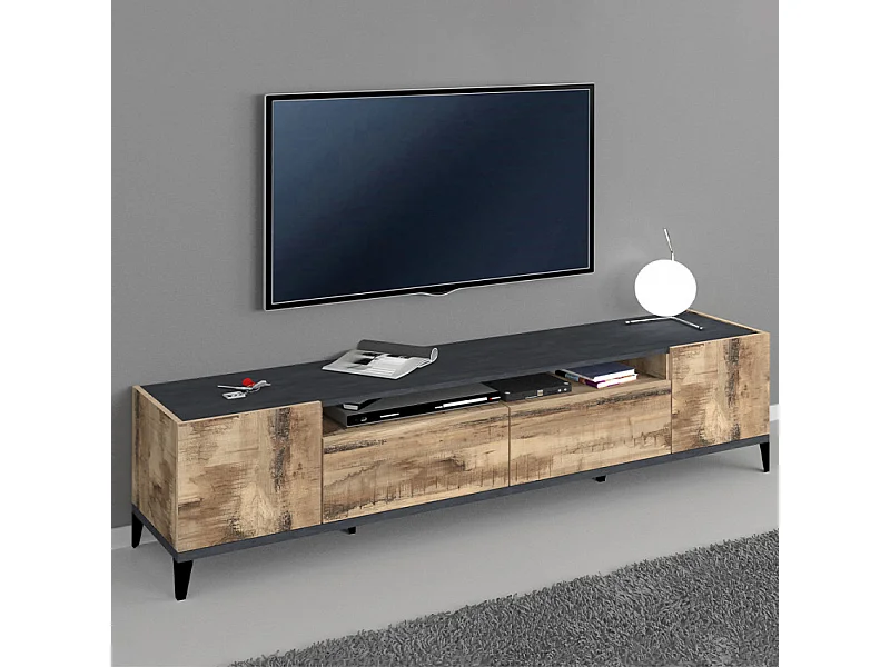 Meuble TV 200x40 cm 2 portes 2 tiroirs bois ardoise Noix