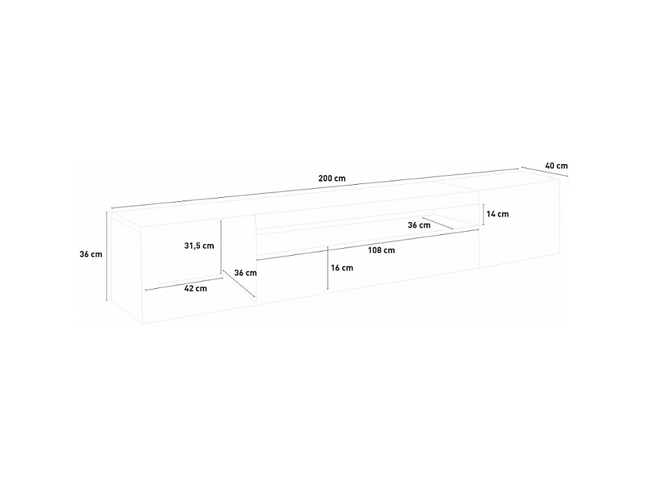 Meuble TV avec portes et tiroirs à abattant 200 cm design Hikari