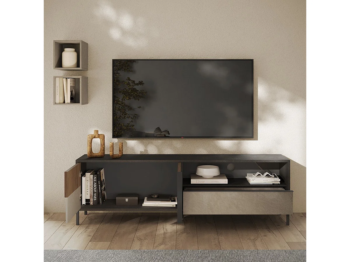 Gran mueble TV 2 puertas, 1 cajón y 1 nicho L206 cm - EVEREST