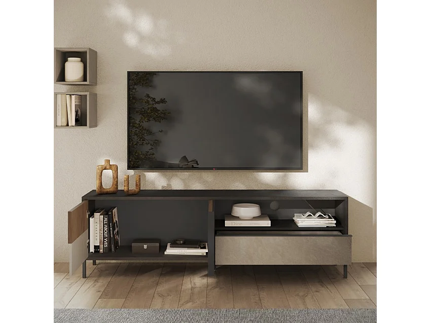 Gran mueble TV 2 puertas, 1 cajón y 1 nicho L206 cm - EVEREST