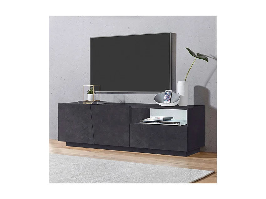 Meuble TV moderne avec portes coulissantes et tiroirs 150cm Flow