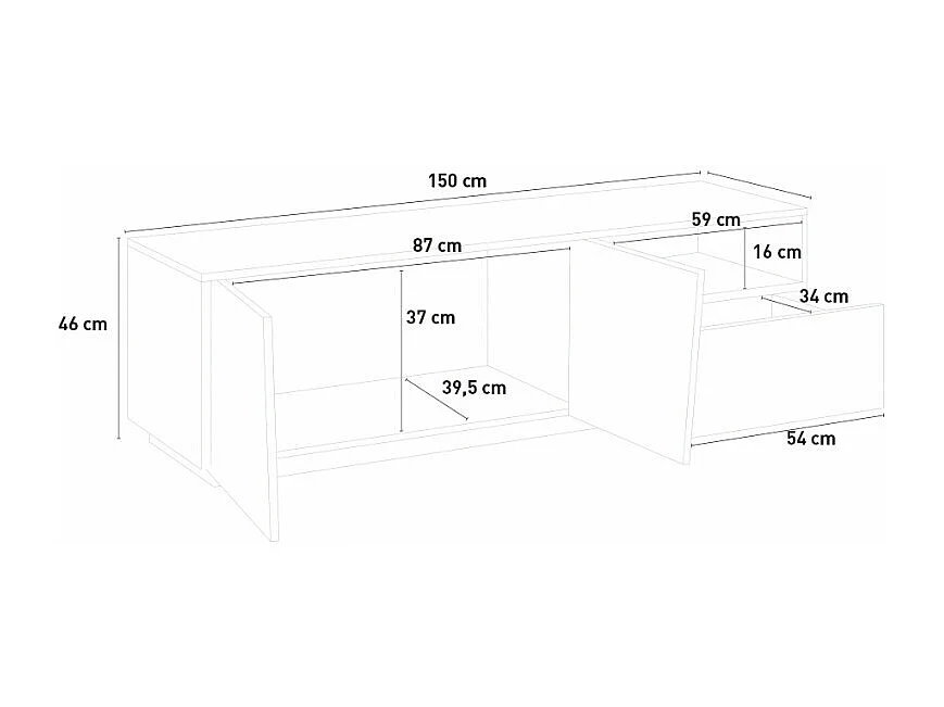 Meuble TV moderne avec portes coulissantes et tiroirs 150cm Flow