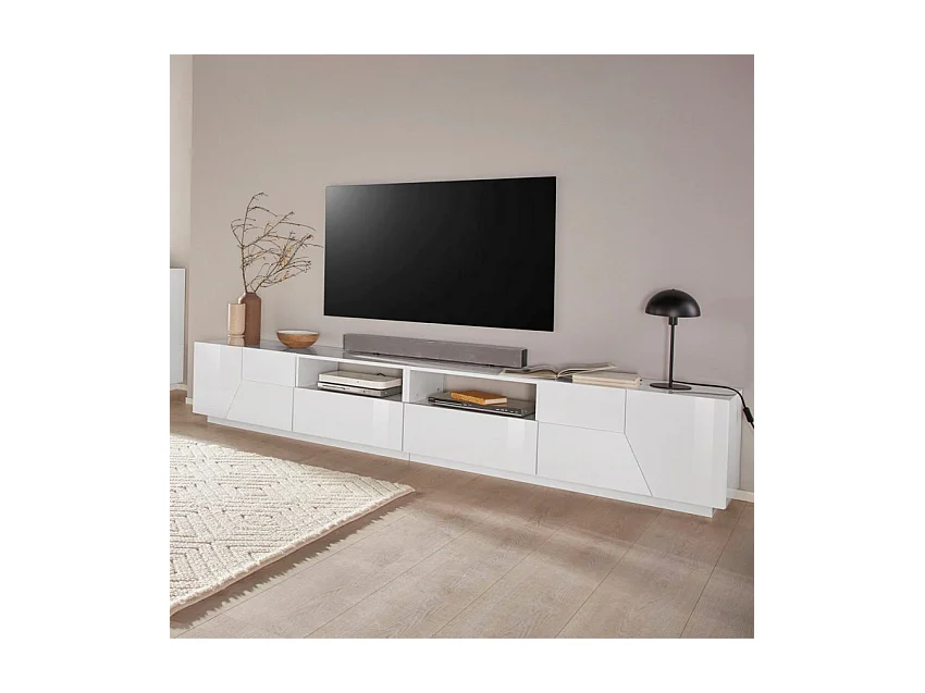 Mobile TV salotto moderno 260x43cm bianco lucido Modo