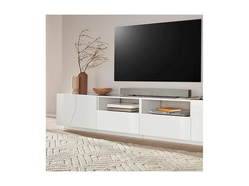 Mobile TV salotto moderno 260x43cm bianco lucido Modo