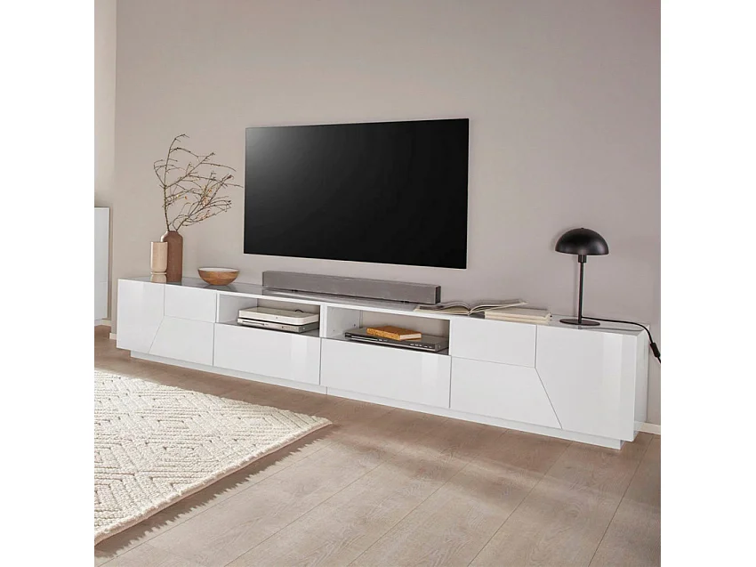Mobile TV salotto moderno 260x43cm bianco lucido Modo