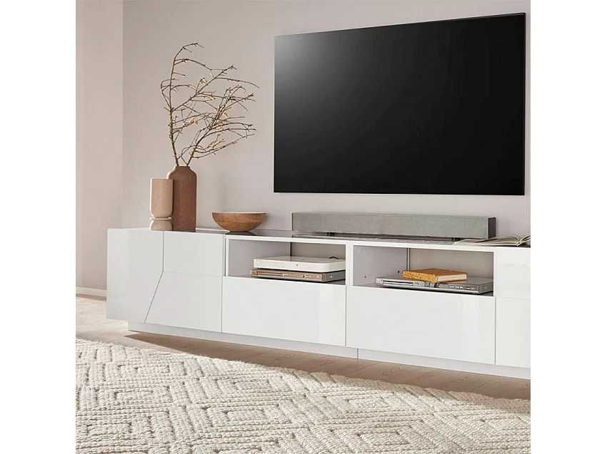 Mobile TV salotto moderno 260x43cm bianco lucido Modo
