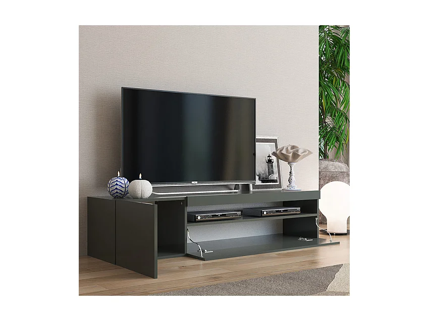 Meuble TV moderne porte et tiroir rabattable 150 cm Anthracite Linea