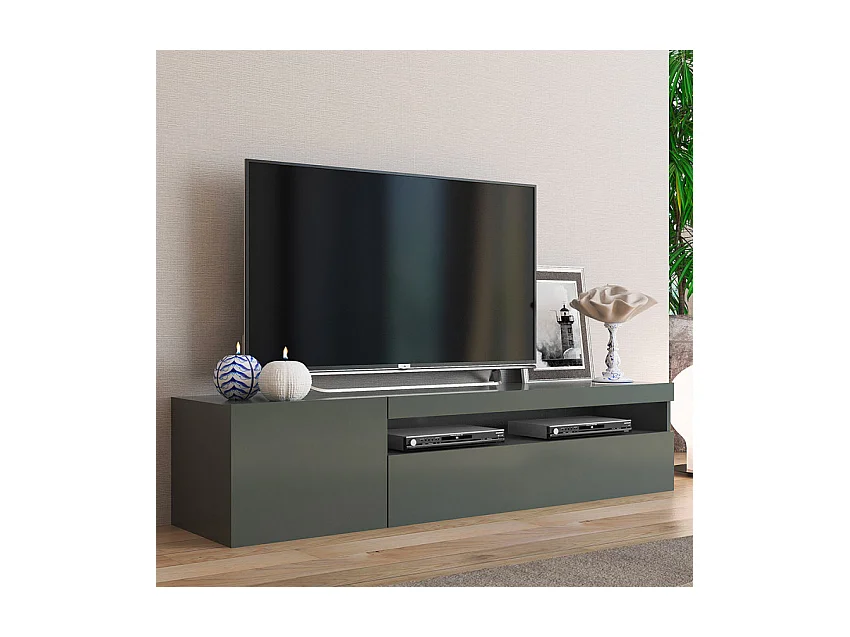 Meuble TV moderne porte et tiroir rabattable 150 cm Anthracite Linea