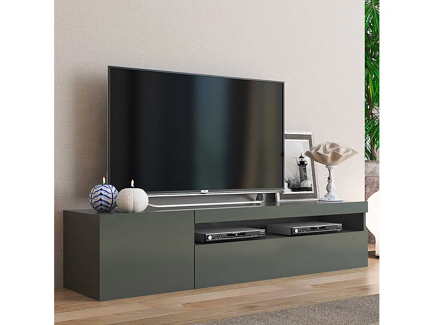 Meuble TV moderne porte et tiroir rabattable 150 cm Anthracite Linea