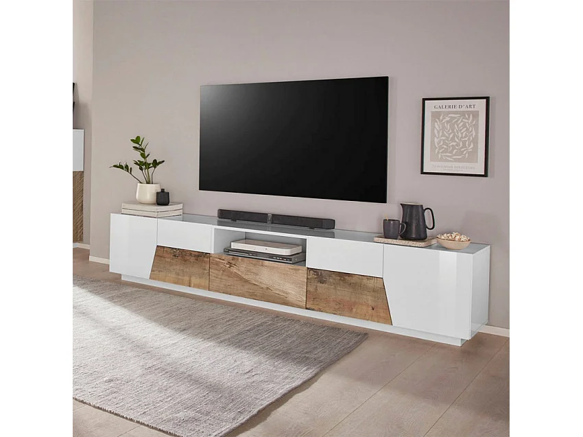 Meuble TV 220x43cm mur bois blanc salon moderne Kronos