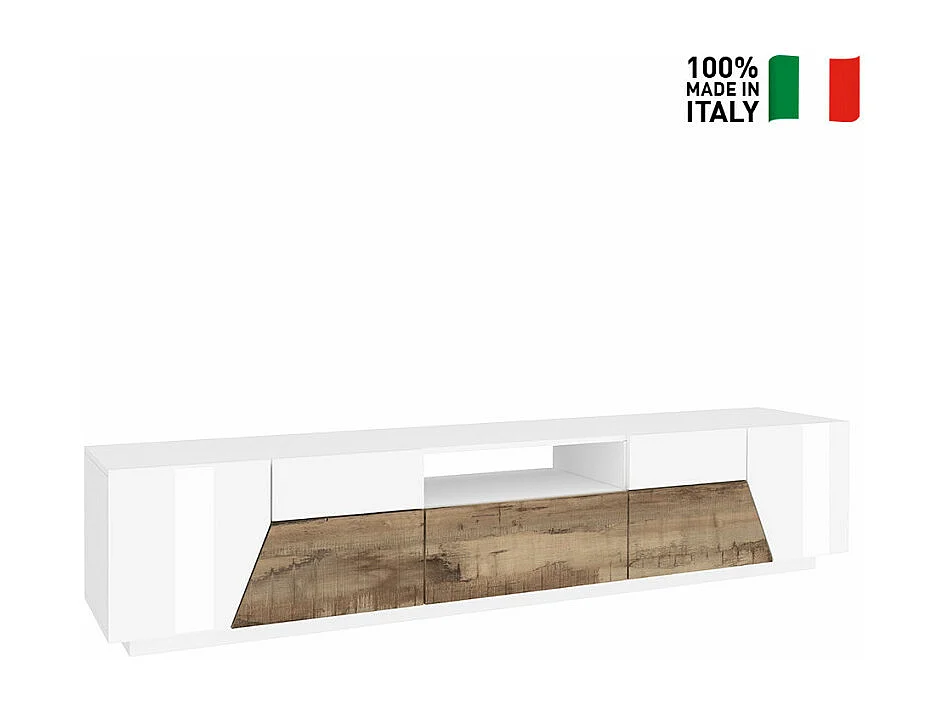 Meuble TV 220x43cm mur bois blanc salon moderne Kronos