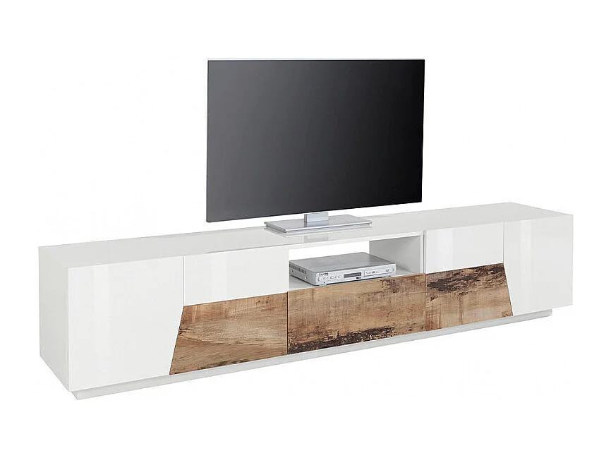 Meuble TV 220x43cm mur bois blanc salon moderne Kronos