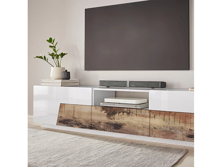 Meuble TV 220x43cm mur bois blanc salon moderne Kronos