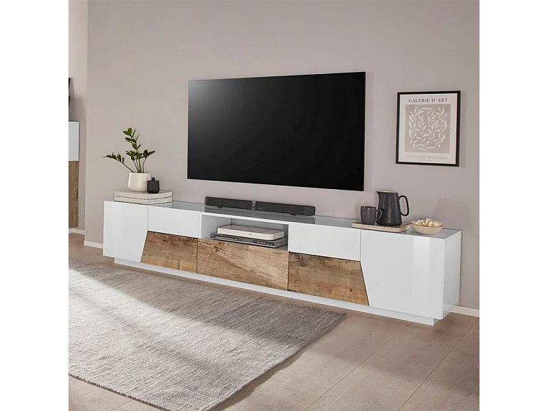 Meuble TV 220x43cm mur bois blanc salon moderne Kronos