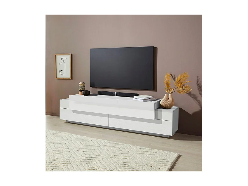 Meuble TV de salon blanc 200cm 4 armoires et 3 portes Ronda