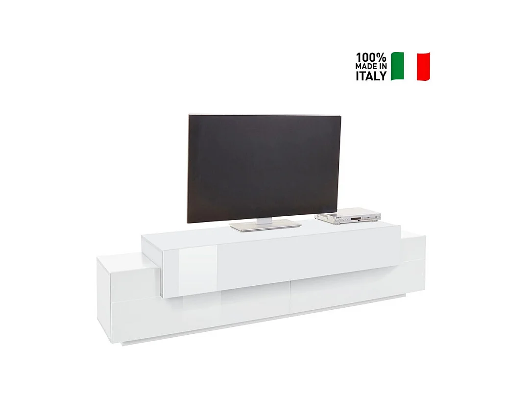 Meuble TV de salon blanc 200cm 4 armoires et 3 portes Ronda