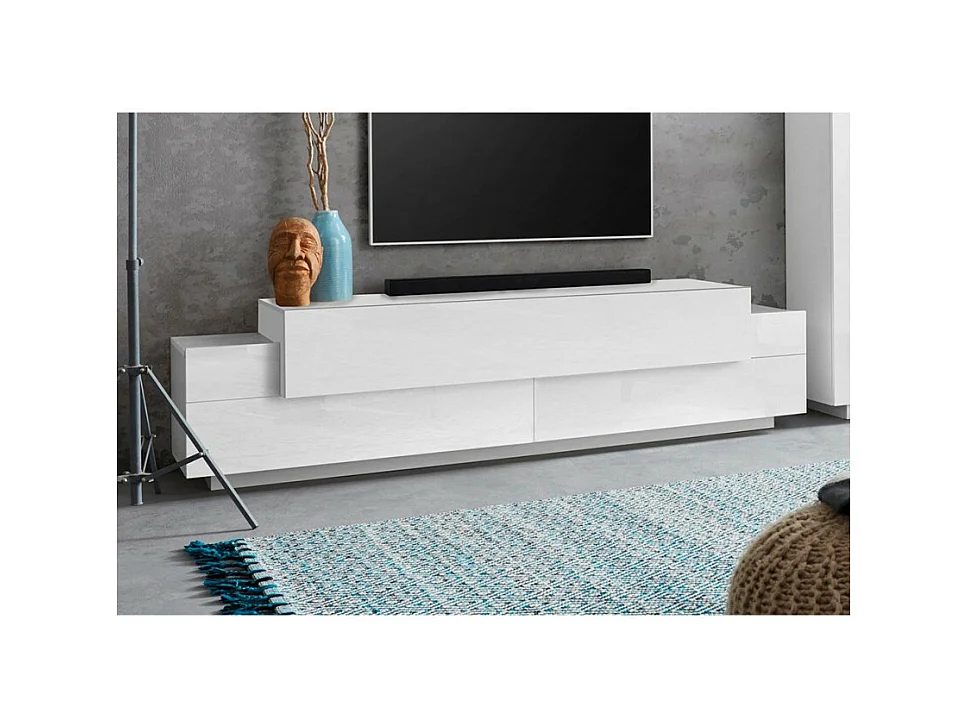 Meuble TV de salon blanc 200cm 4 armoires et 3 portes Ronda