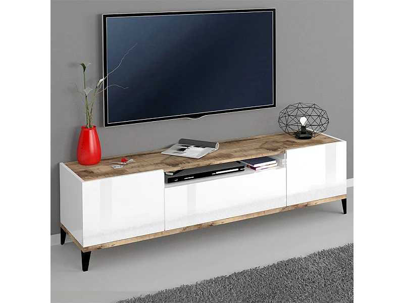 Meuble TV de salon 2 portes 1 tiroir blanc brillant Strato