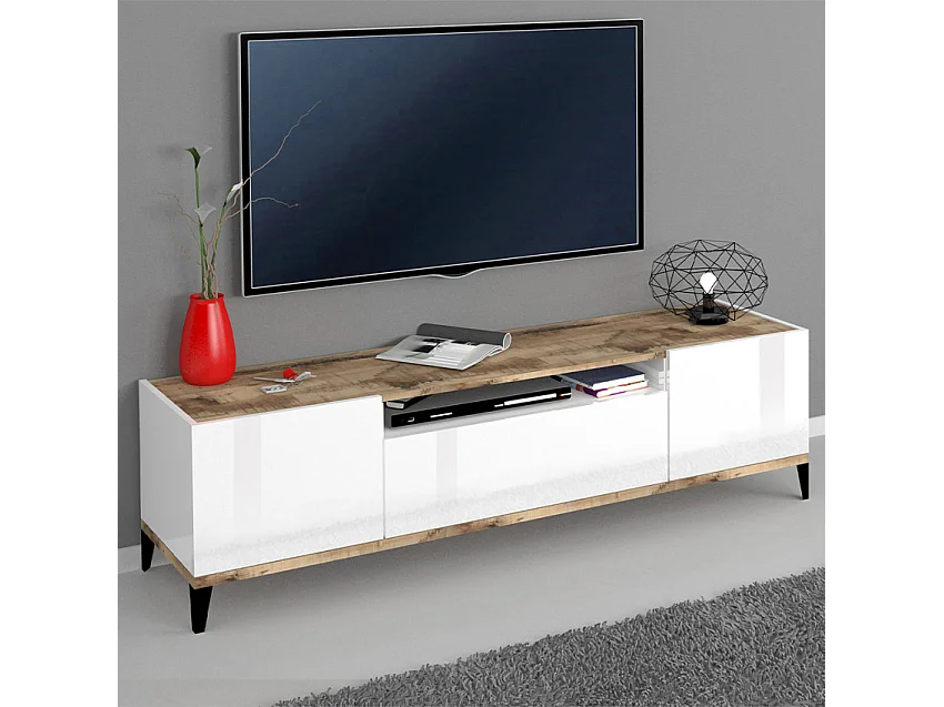 Meuble TV de salon 2 portes 1 tiroir blanc brillant Strato