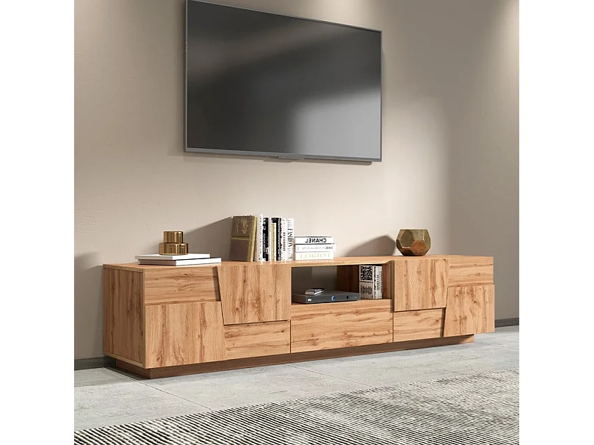 Mueble TV moderno con soporte, 4 puertas y cajón 220x45x46cm Chiron - Roble