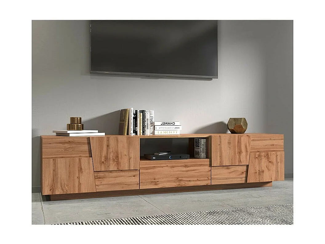 Mueble TV moderno con soporte, 4 puertas y cajón 220x45x46cm Chiron - Roble