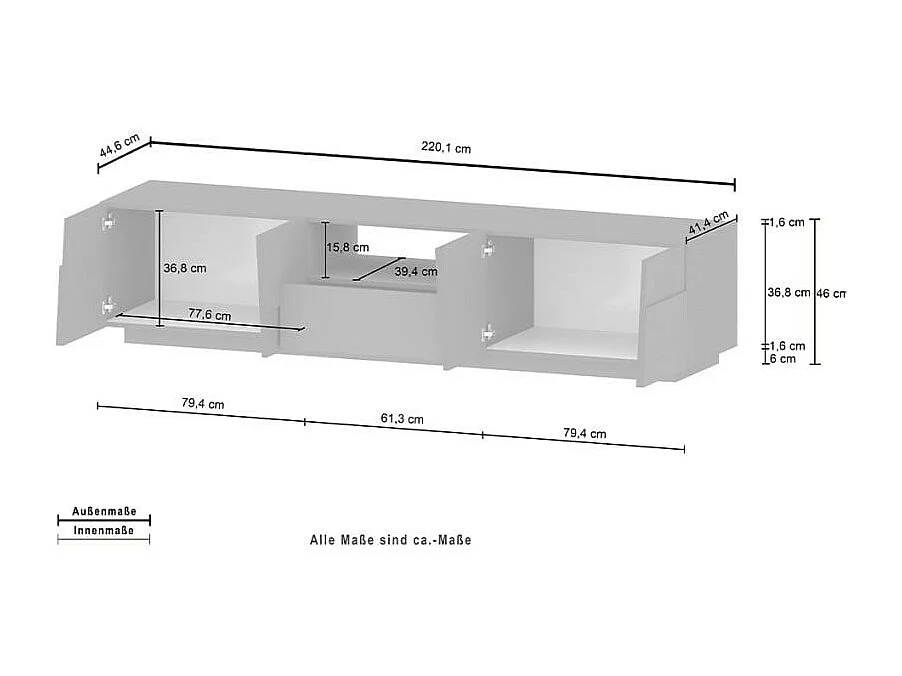 Mueble TV moderno con soporte, 4 puertas y cajón 220x45x46cm Chiron - Roble