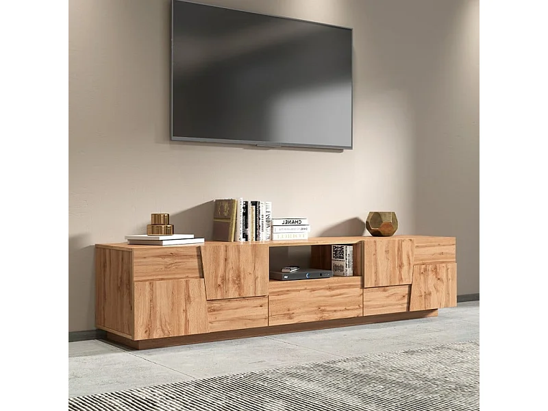 Mueble TV moderno con soporte, 4 puertas y cajón 220x45x46cm Chiron - Roble