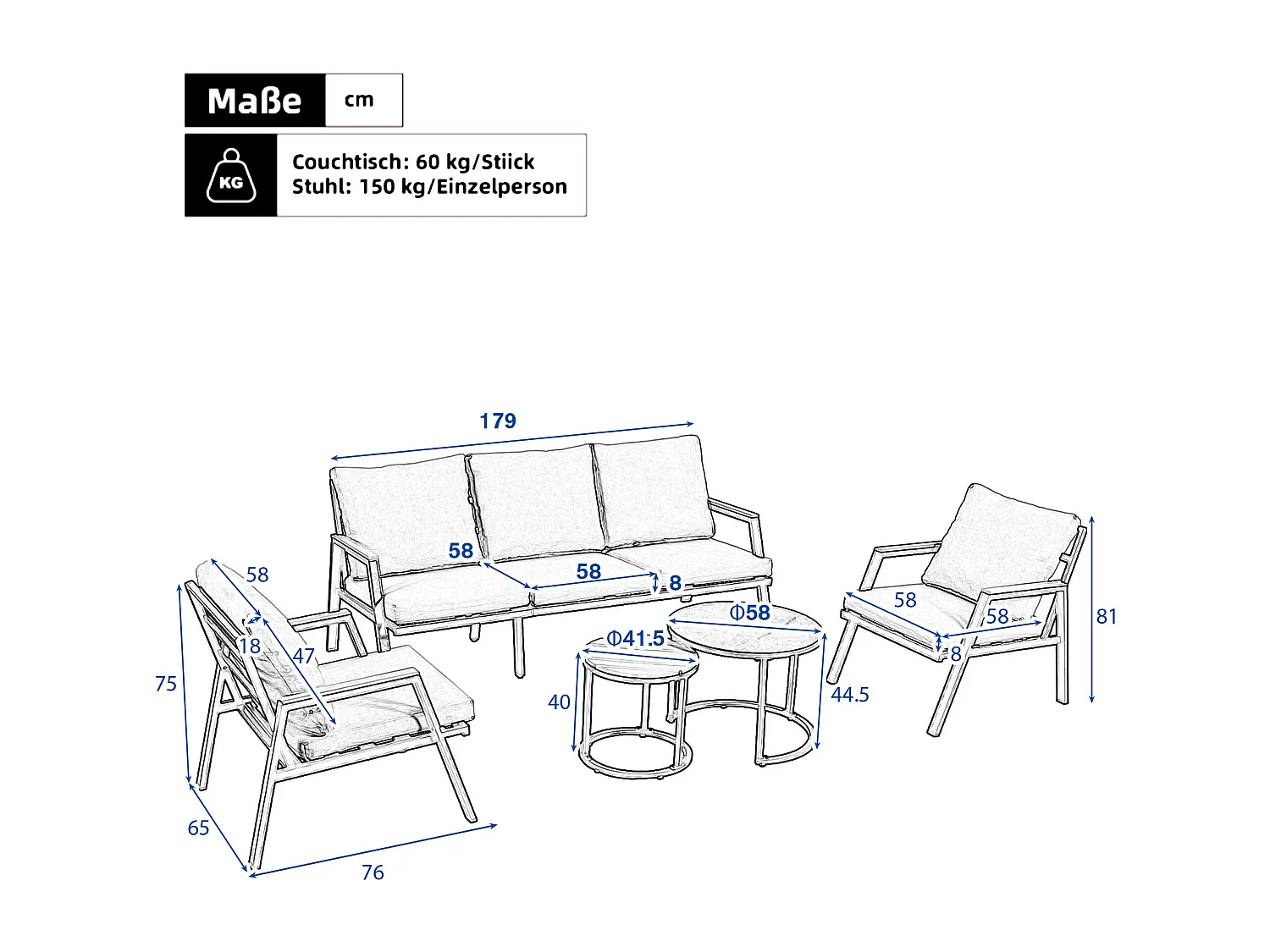 Salon de jardin, ensemble de meubles de jardin, 5 places, canapé 3 places, 2 fauteuils et 2 tables basses, extérieur, acier galvanisé, gris